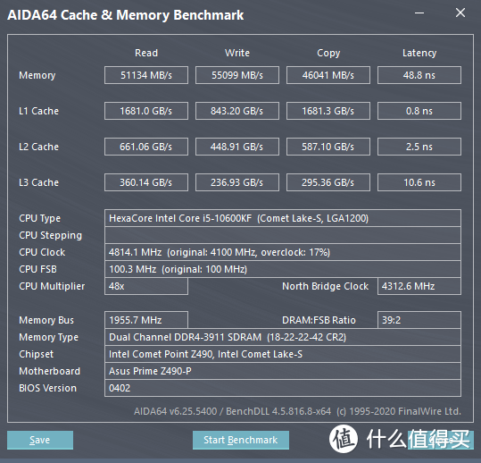 DDR4 3900@1.35v（18-22-22-42） AIDA64 缓存与内存测试