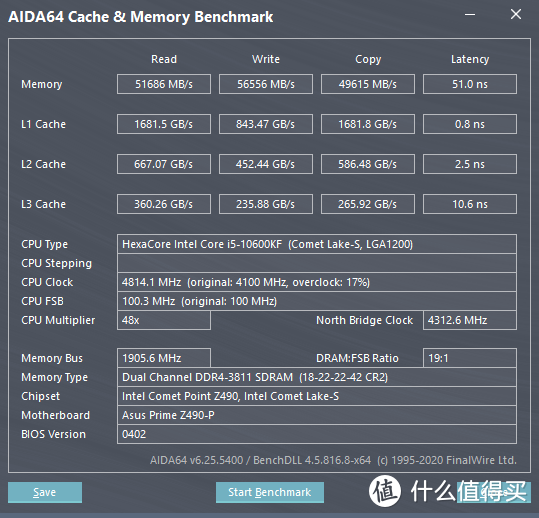 DDR4 3800@1.35v（18-22-22-42） AIDA64 缓存与内存测试