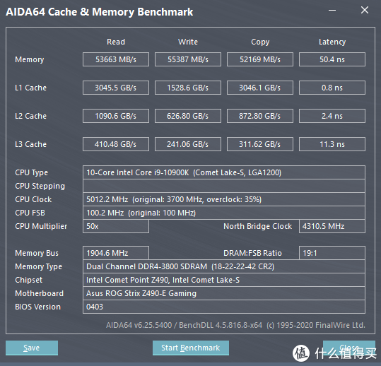 DDR4 3800@1.35v（18-22-22-42） AIDA64 缓存与内存测试