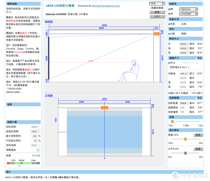 使用收录的880进行计算，6米的距离极限可以投184寸，实测亮度非常优秀