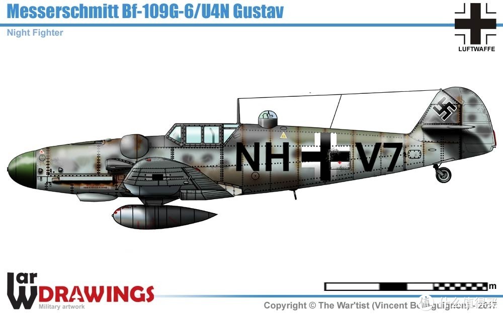 注意天线桅杆后面的凸起装置，这是Bf-109 G-6N所特有的FuG 350 Naxos雷达装置。U4是机身中间的机炮换成了30mm的MK 108的型号
