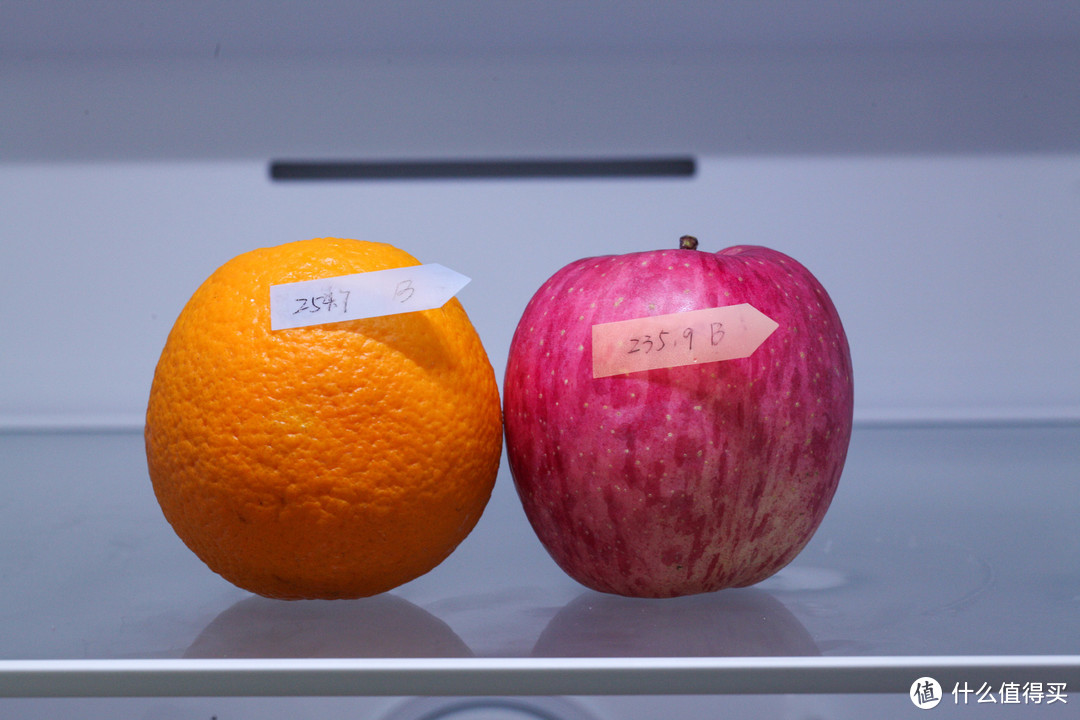 冷藏试样，橙子254.7克，苹果235.9克