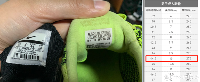 左：Nike 44/280；中间：阿迪 44 2/3 275；右：阿迪官网对照