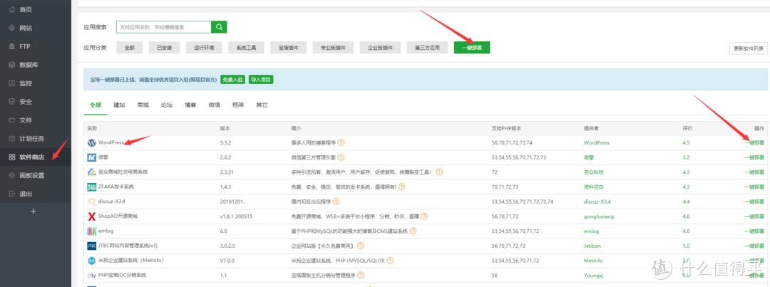宝塔面板还支持一键WORDPESS
