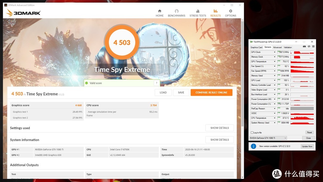 3DMark TSE得分4503，显卡分4668，显卡温度75°C，功耗313.8W