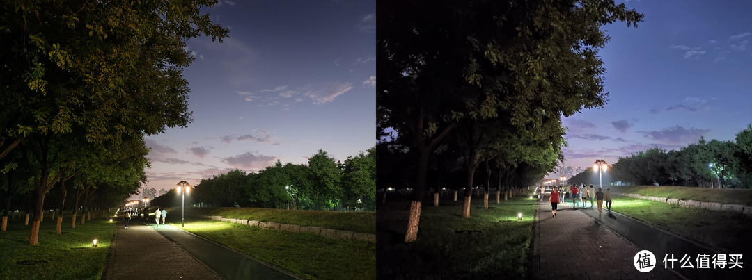 再看看同样打开了超级夜景的两台手机，左边的vivo X50 Pro确实亮度更高，细节更多。