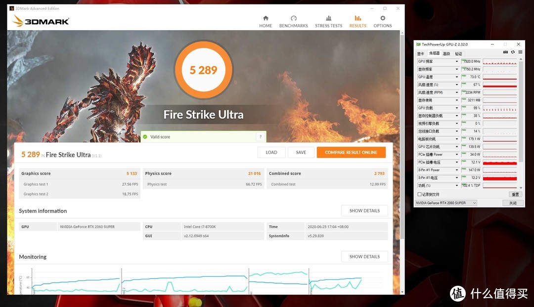 3Dmark FSU得分5289，显卡分5133，峰值温度73°C，峰值功耗179.1W
