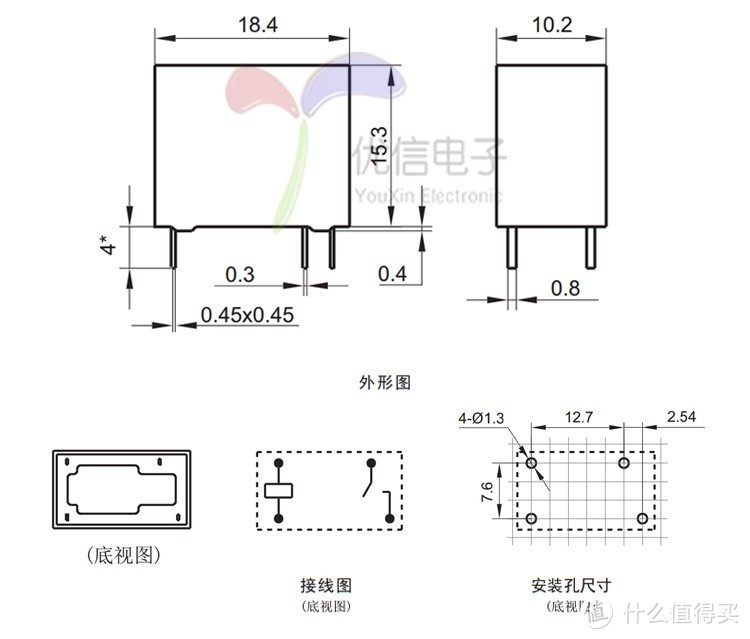 宏发继电器HF32F 外形尺寸和底视图、接线图