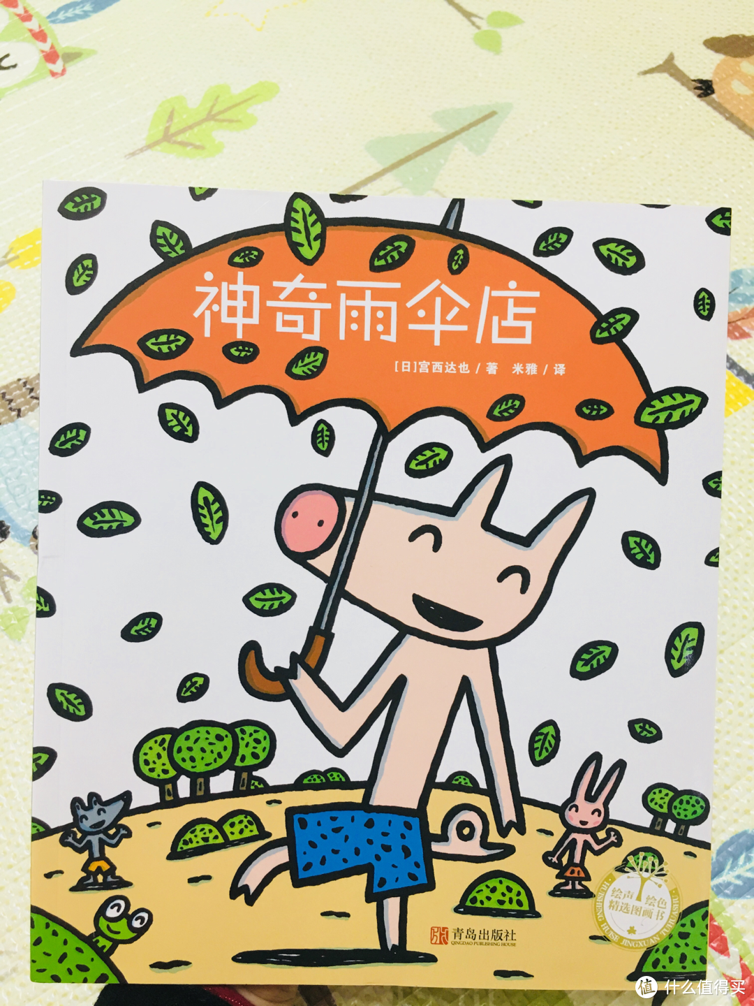 小猪看到一家神奇雨伞店雨伞上画着什么图案,打开雨伞,天空就会落下