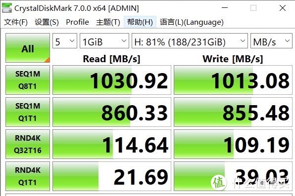 CrystalDiskMark 7测试  读写速度完美过1GB/S，跑满USB带宽。