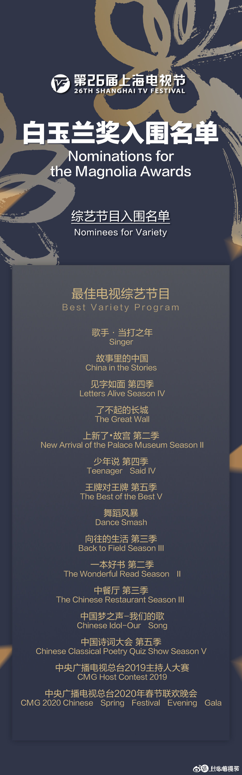 第26届上海电视节白玉兰奖入围全名单公布，《长安十二时辰》《庆余年》《破冰行动》获多项提名，《鬼灭之刃》在列