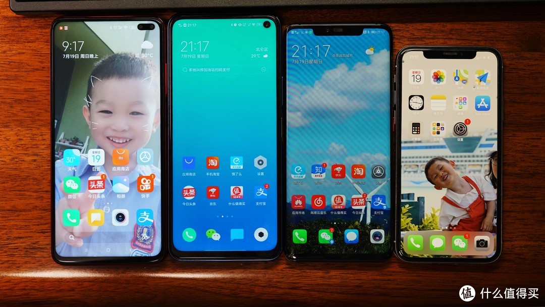 自左至右：红米K30、iQOO Z1x、华为Mate20Pro、iPhone X