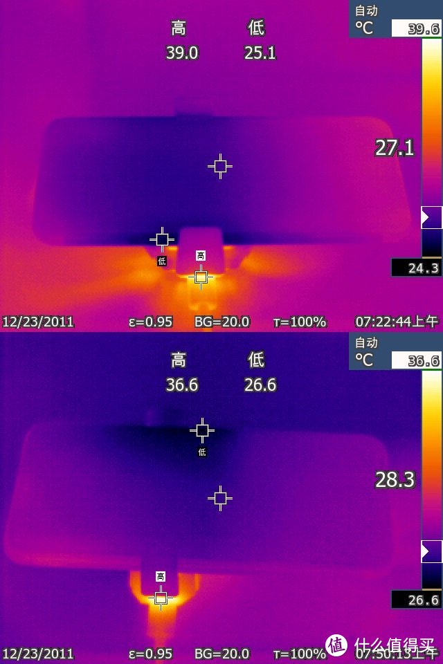 上图黑鲨Pro和下图蜂翼Pro的降温区域对比