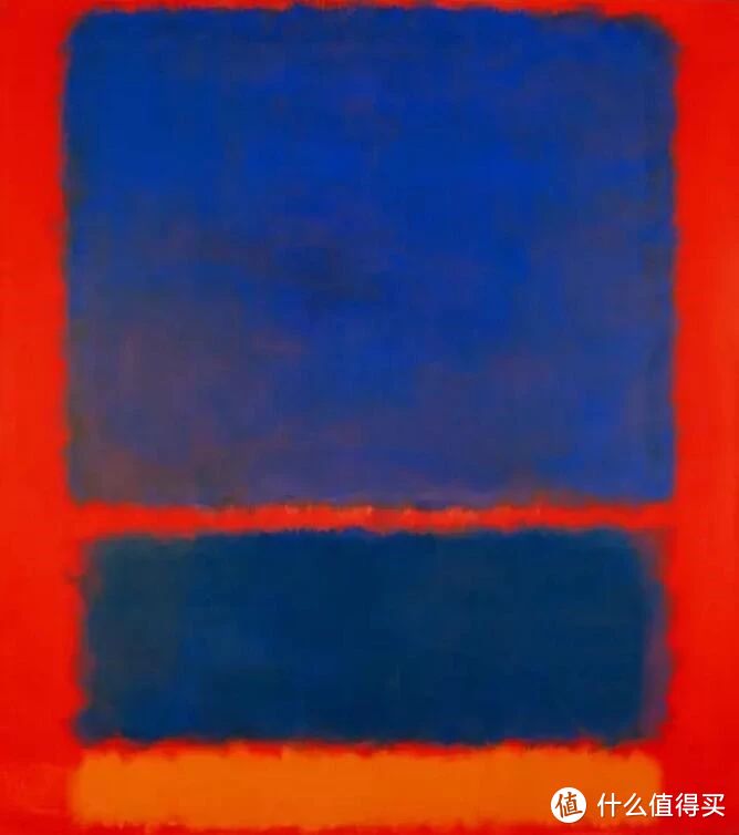 罗斯科的《蓝、橘、红》，创作于1961年。可能很多人没办法理解，怎么涂了三大块色彩就能卖到天价。