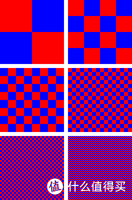 大家都知道蓝加红变紫吧，像素交错排列，当密度提高到一定程度，紫的效果就出来了