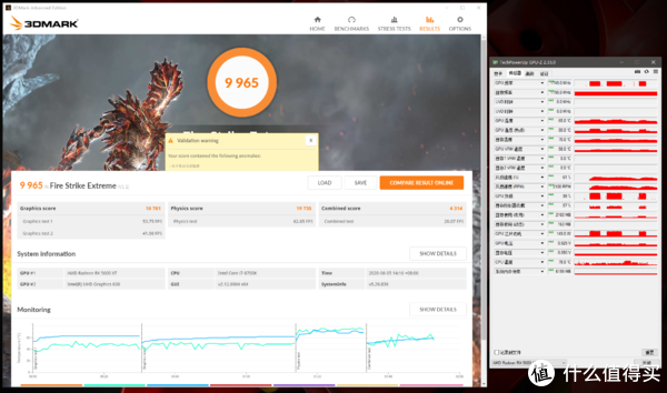 3DMark FSE总分9965，显卡分10781，GPU频率1749MHz，峰值温度65°C，热点温度80°C，峰值功耗149W，风扇转速2100RPM。