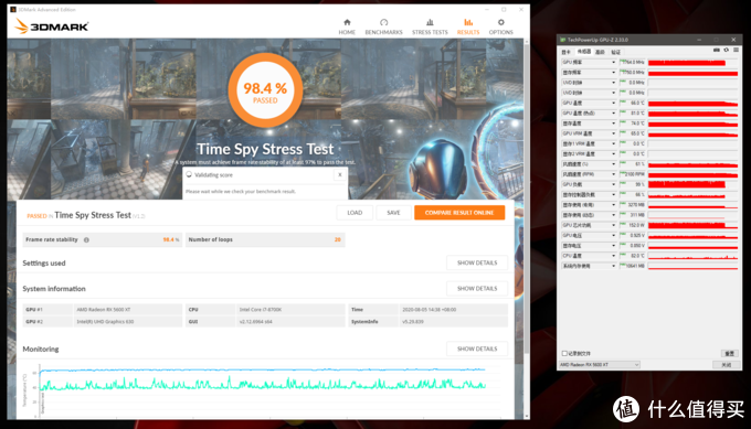 3DMark Stress Test（20轮Time Spu循环压力测试）通过率98.4%，GPU频率1764MHz，峰值温度66°C，热点温度81°C，峰值功耗152W，风扇转速2100RPM。