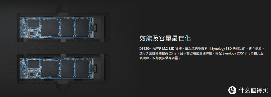 群晖DS920+底部是带有两条M2固态扩展位的，开箱过程中忘了拍照，只能用官网截图充数了。