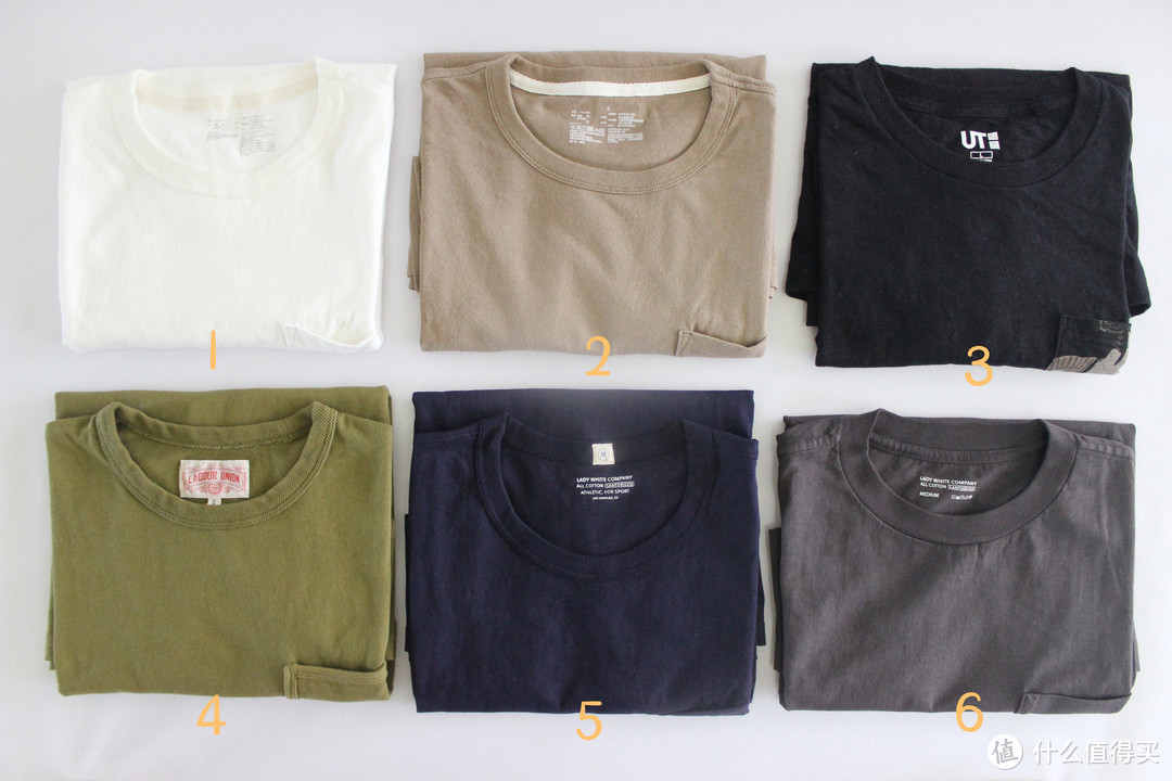 1、MUJI 无印良品 粗棉口袋Tee（白色） 2、MUJI 无印良品 粗棉口袋Tee（卡其） 3、UNIQLO 优衣库×葛饰北斋联名口袋Tee（黑色） 4、Labour union 古着康正 复古口袋Tee 5、Lady White Co.加州棉口袋Tee（海军蓝） 6、Lady White Co.加州棉口袋Tee（深灰）