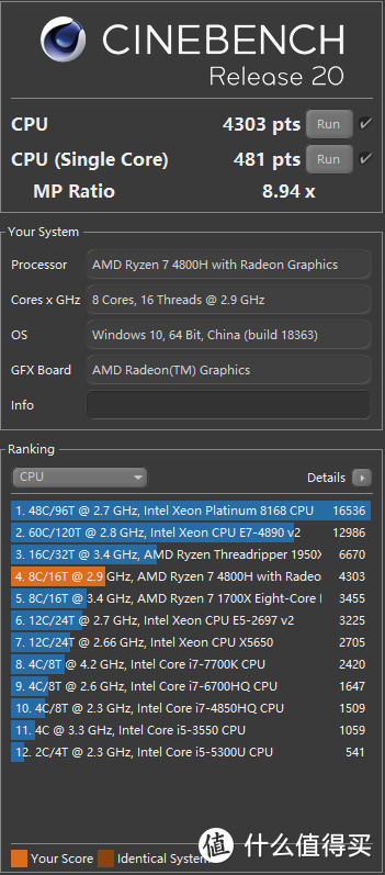 Cinebench 20 跑分多核4303，单核481