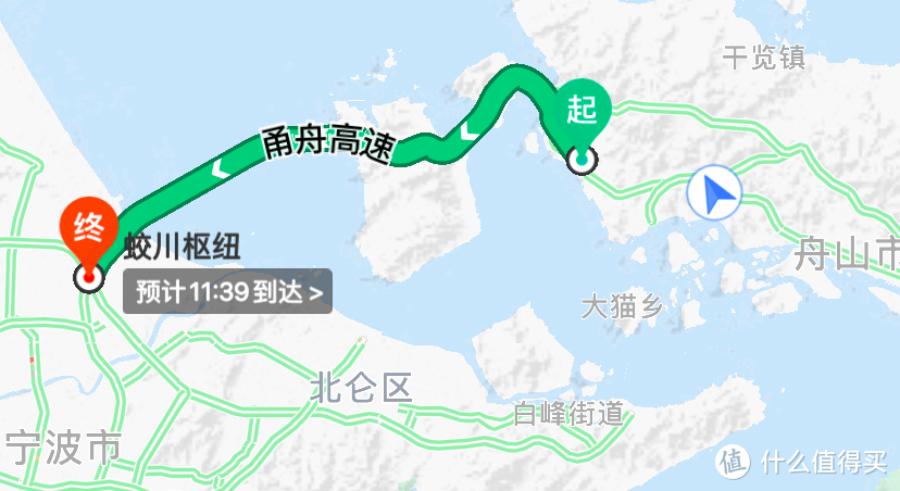 从舟山到宁波走了近50公里的跨海大桥（百度地图）