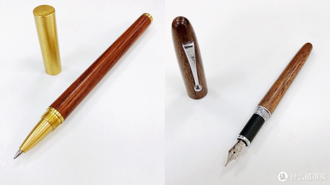 两款木质写字笔对比图。左侧三生有信木质写字笔，右侧金豪木质钢笔。