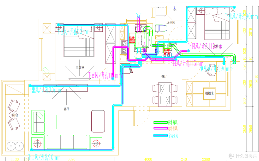 顶送地回 分路控制家用新风系统设计安装分享 新风系统 什么值得买