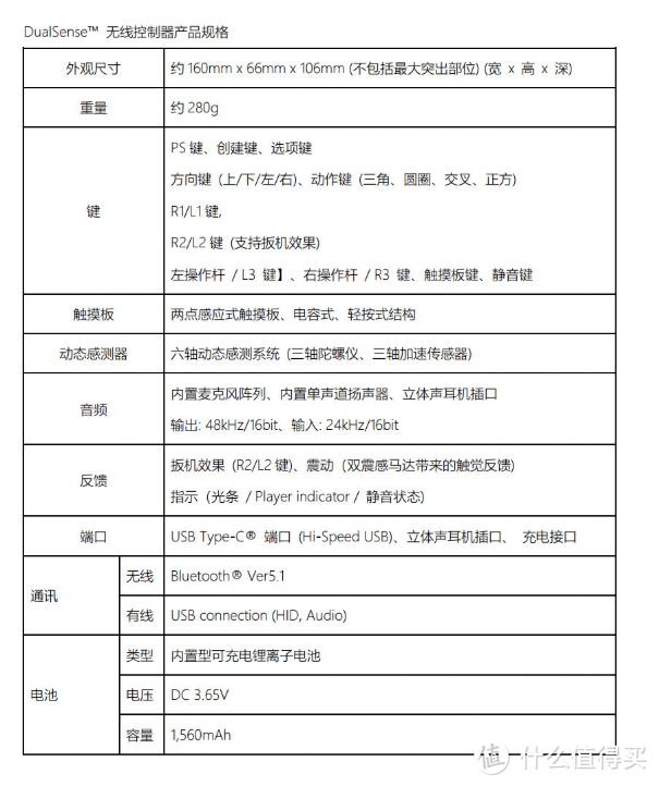 PS5无线控制器产品规格