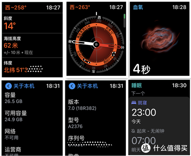 第一行前两张是海拔计，第三张测试血氧，手如果不稳定的话图案就是混乱的波浪纹，稳定了就会变成波浪圆圈。第二行可以看到内存是26.5G，最后一张是新增的睡眠APP