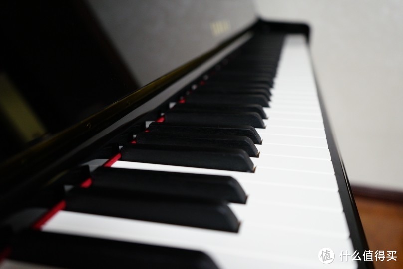 黑色琴键是黑檀木的，肉眼能看到木纹，白键是仿象牙的材质