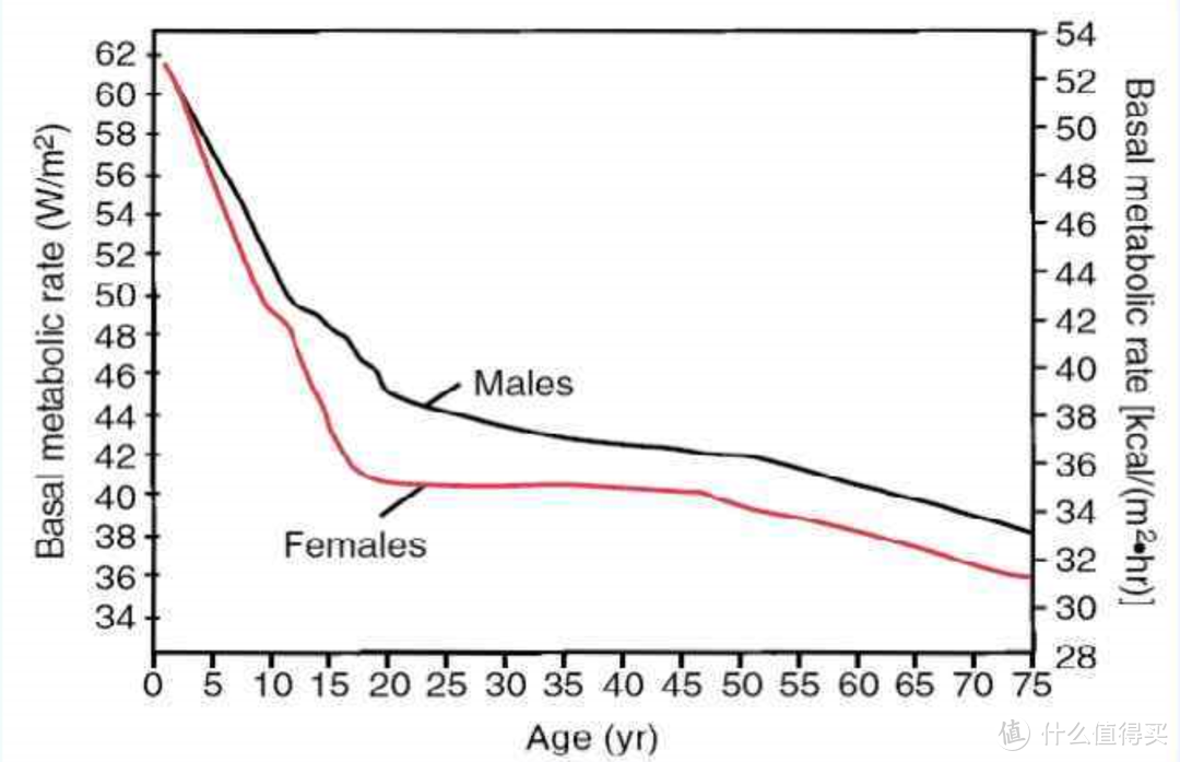  The basal metabolic rate in females and males decreasing with age.