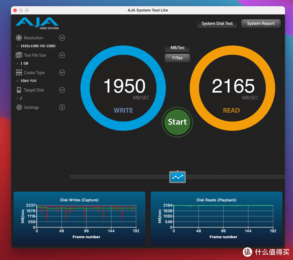 AJA的1G测试结果为W1950/R2165
