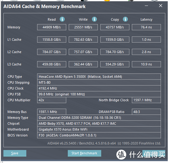 AIDA64内存缓存测试（4.2G+XMP3200状态）