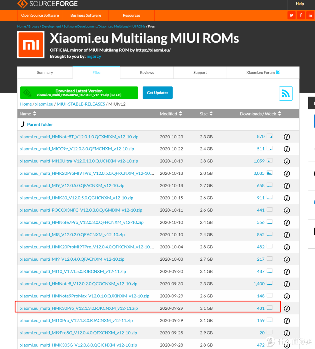 ▲sourceforge的rom下载，找到HMK30PRO的zip文件