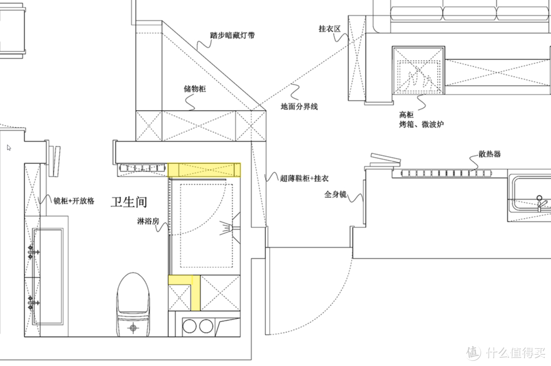 这是卫生间的布置设计图，标黄色的位置是新建墙的位置，唯一拆砸的位置是进口处的左门口，砸到了和镜柜持平的位置，门体左移了一下。