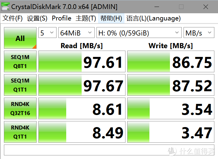 闪迪Extreme Pro 64G Crystal Diskmark跑分测试