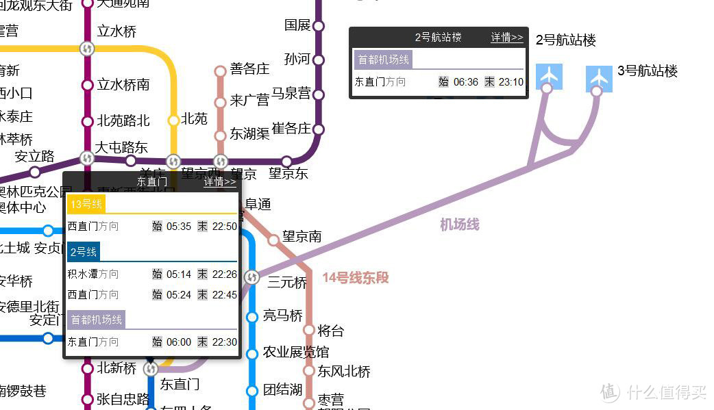 首都機場線:地鐵到東直門或者三元橋換乘首都機場線,停靠t3航站樓,t2