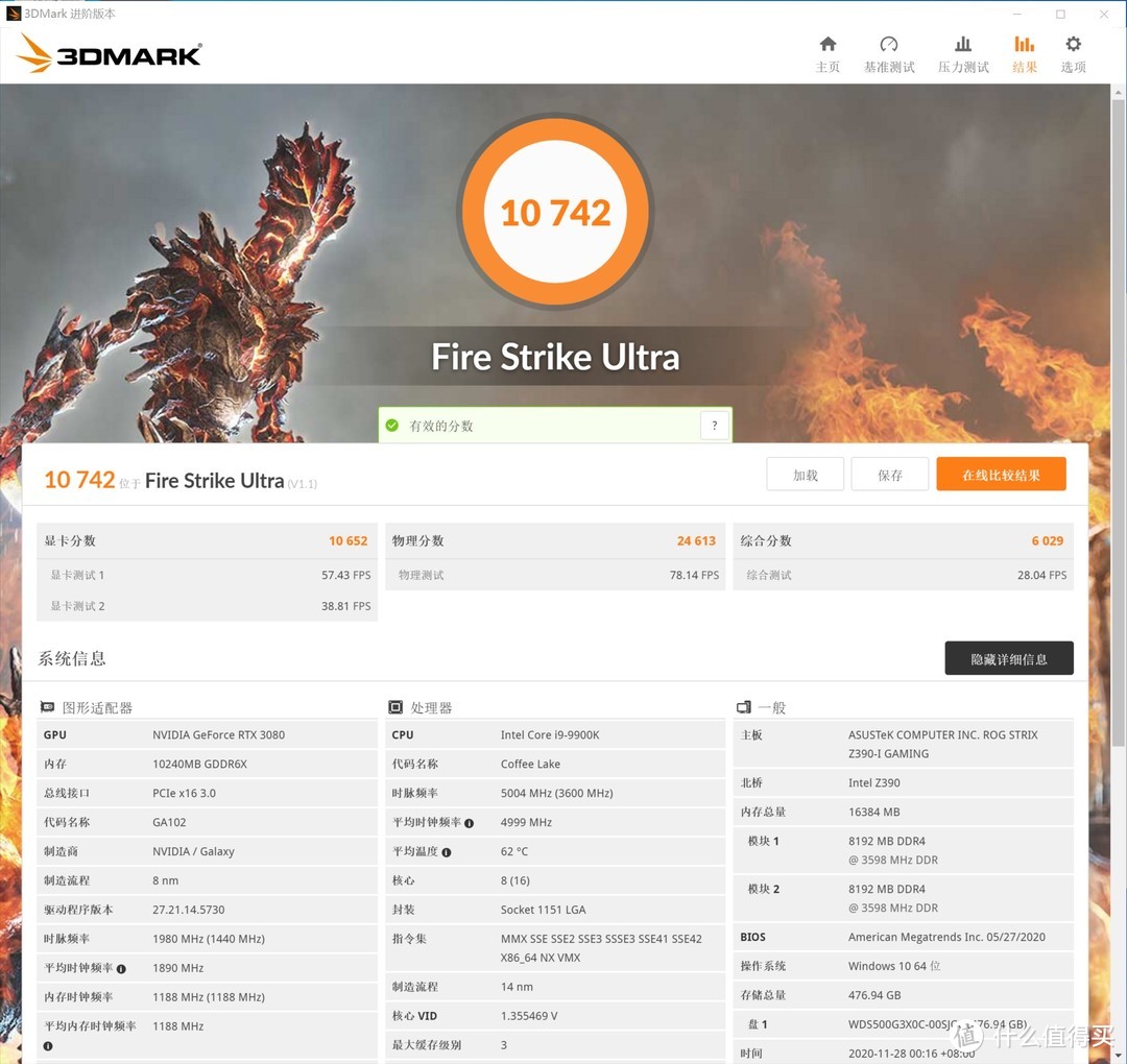 3DMARK FIRE STRIKE ULTRA 10742分，这里最高boost频率1980