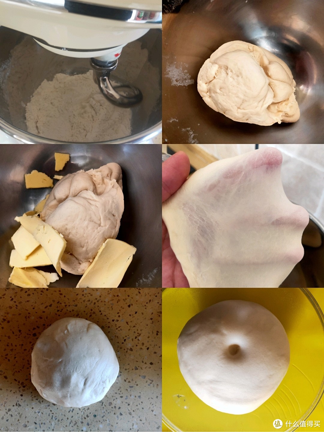 中速揉成面团后加入软化的黄油，继续和面5分钟。  揉好的面团可以拉成大片的手套膜就可以了。  面团放入容器里，盖上保鲜膜开始发酵。   发酵至原来的2.5倍大就可以咯。