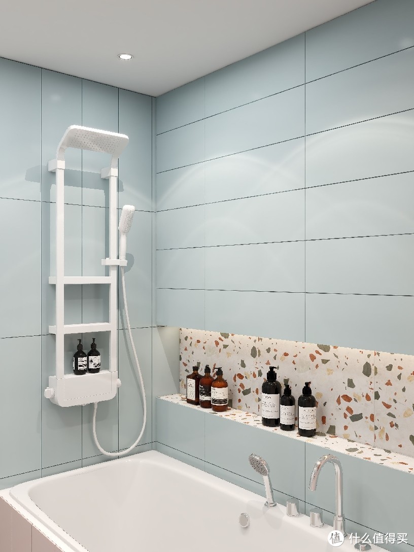 3平方粉蓝浴室，雨西子置物花洒+壁龛扩容