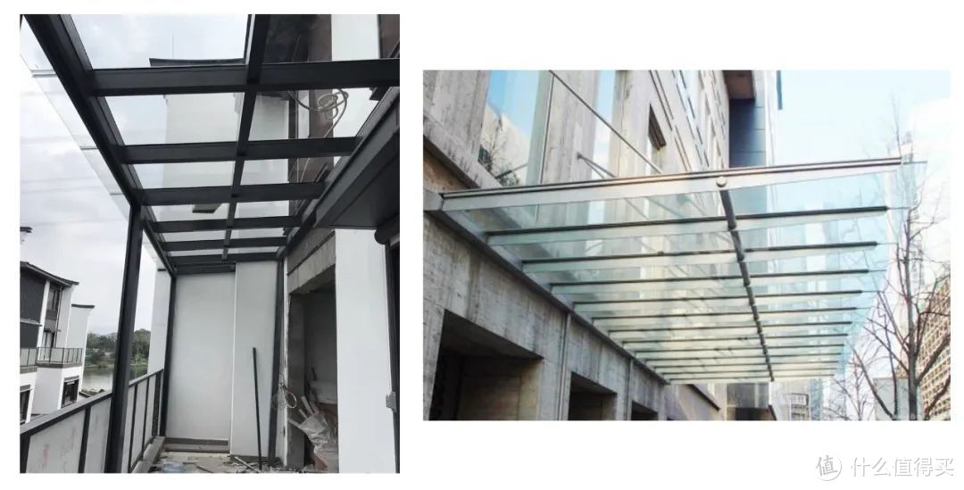 △ 图左带立柱铝合金玻璃雨棚， 图右无立柱钢构玻璃雨棚， 图片来源网络；