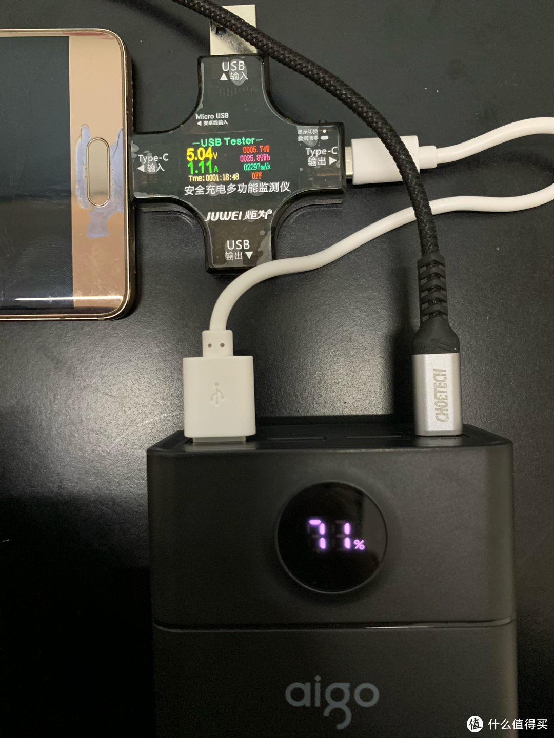 c口负载为苹果xsm，usb3负载为华为mate9 快充标示熄灭，共享5v3a的输出。单口功率5w左右。 该充电宝任意多口输出均为5v模式，无快充，多口输出下最大功率5v3a。