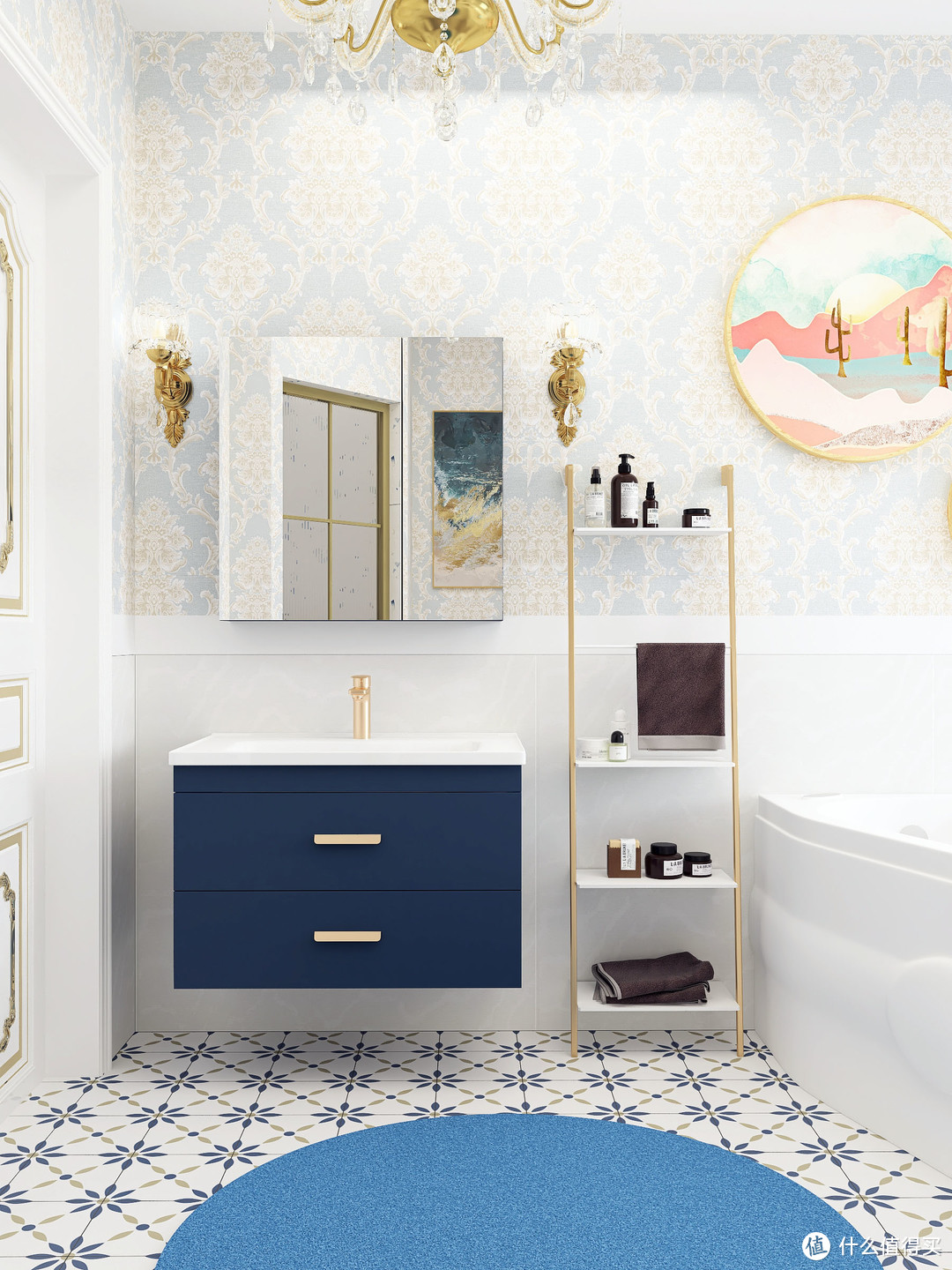 轻奢浴室|绅士蓝浴室柜搭配欧式风格真的爱了