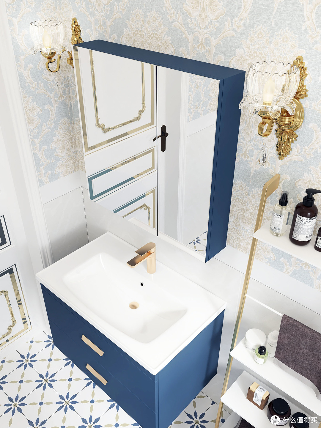 轻奢浴室|绅士蓝浴室柜搭配欧式风格真的爱了