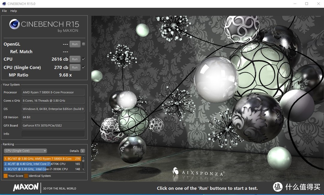 CineBench R15 单核270多核2616