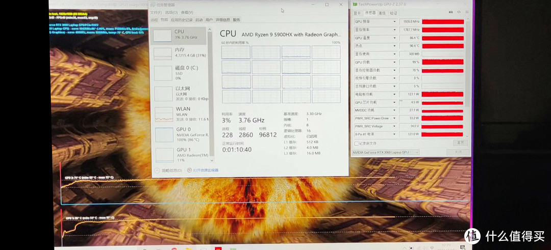 Furmark烤机15分钟，CPU基本没怎么降频，GPU温度在85度左右，功耗一直在120W左右，看来暴力熊液金加6热管的散热系统确实不是吹的。
