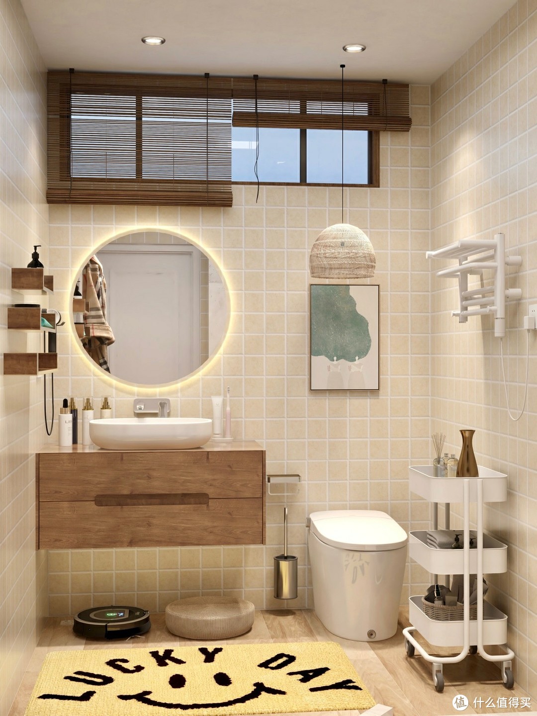 奶油砖温馨浴室，收纳全靠置物花洒+壁龛！