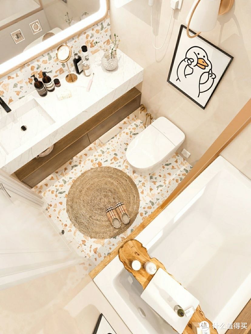 暖暖的温馨浴室 有木纹砖和智能马桶
