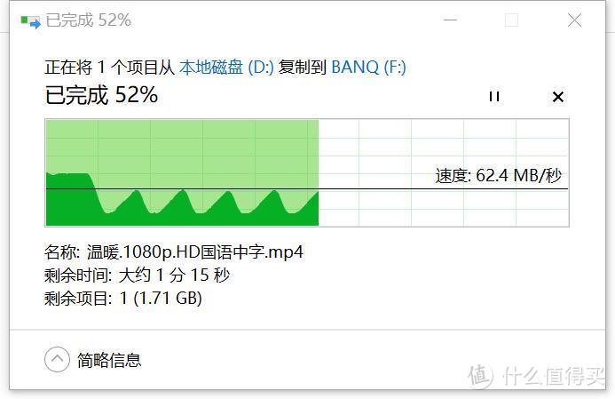 实际拷贝文件测试中速度最快的时候60多，但是从传输图可以看出，一直在20-60的传输速度之间来回变换。不过还好没有降到0的情况出现。