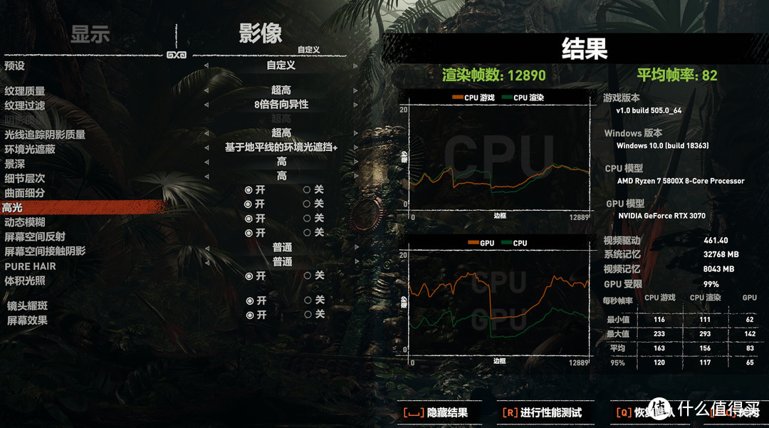 古墓丽影暗影在2K超高特效并开启DLSS和光追下平均82FPS